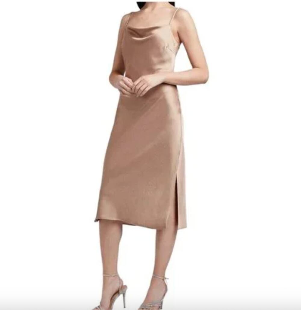 Express Dress Womens Small Champagne Gold Satin Cowl Neck Strappy Midi Slip